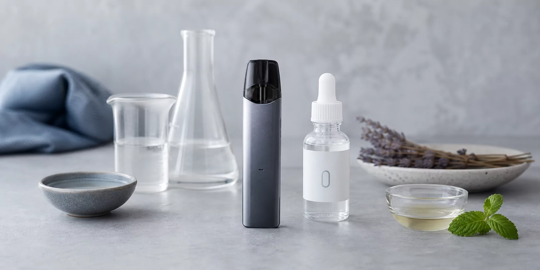 Unbeschriftetes Pod-Gerät neben einer klaren Liquidflasche mit Null-Symbol