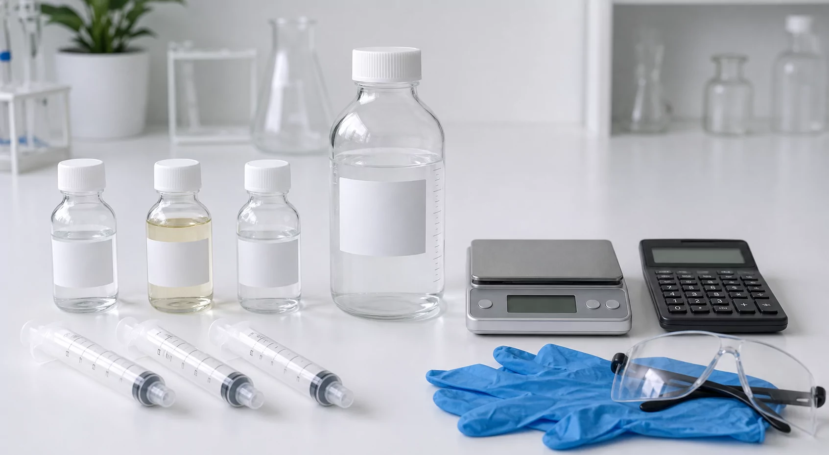 Messaufbau mit Flaschen, Spritzen ohne Nadeln, Waage, Rechner, Handschuhen und Schutzbrille für eine E-Liquid-Mischung